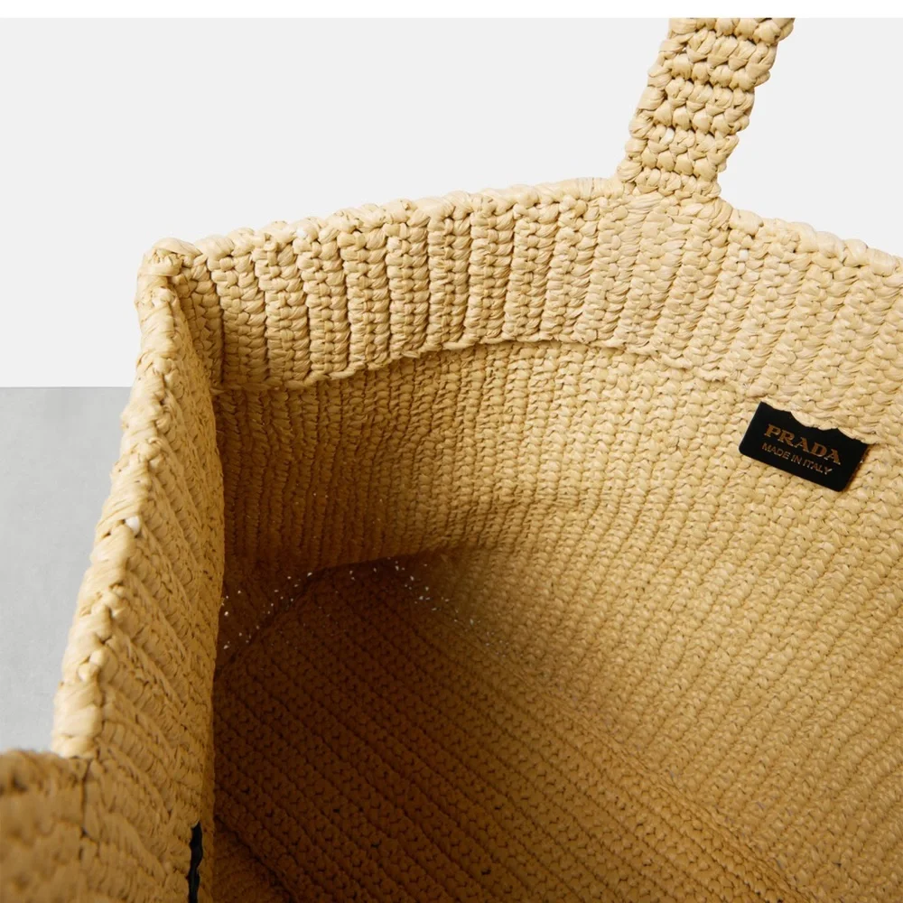 Prada Milano Raffia Tote Bag Large Logo Beige Black – Full Set NEW